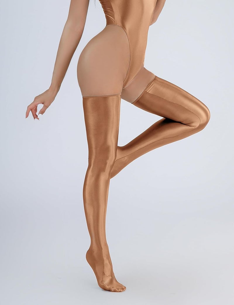 FEOYA Women’s Oil Glossy Thigh High Stockings Shiny Sheer Stockings Silky Smooth Over Knee Socks - Image 4